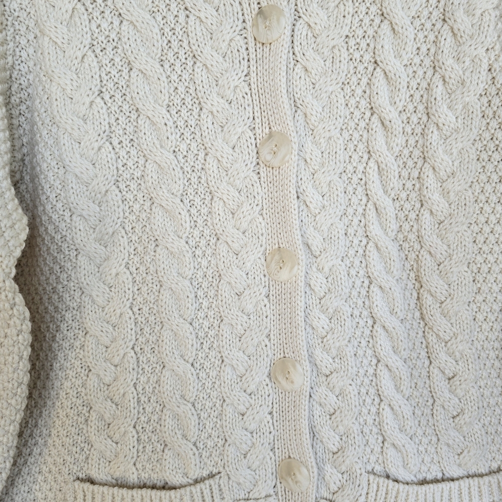 Aran Mor Ireland Cable Knit Cardigan Sweater Merino Wool Cream Womens Large - Picture 5 of 16
